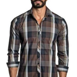 Jared Lang Trim Fit Brown Plaid Dress Shirt. Size: Large